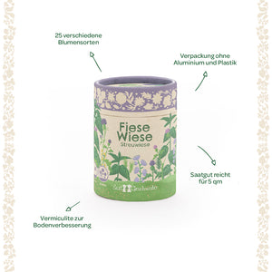 Embalaje redondo "Fiese Wiese Streuwiese" con motivos florales, rodeado de instrucciones en alemán: 25 variedades de flores diferentes, vermiculita para mejorar el suelo, embalaje sin plástico ni aluminio, semillas suficientes para 5 m².