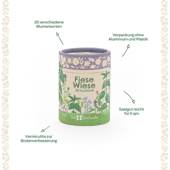Embalaje redondo "Fiese Wiese Streuwiese" con motivos florales, rodeado de instrucciones en alemán: 25 variedades de flores diferentes, vermiculita para mejorar el suelo, embalaje sin plástico ni aluminio, semillas suficientes para 5 m².