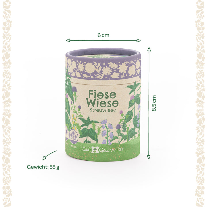 Lata redonda con la inscripción "Fiese Wiese Streuwiese", ilustraciones de flores, dimensiones 6 cm de diámetro, 8,5 cm de alto, peso 55 g.