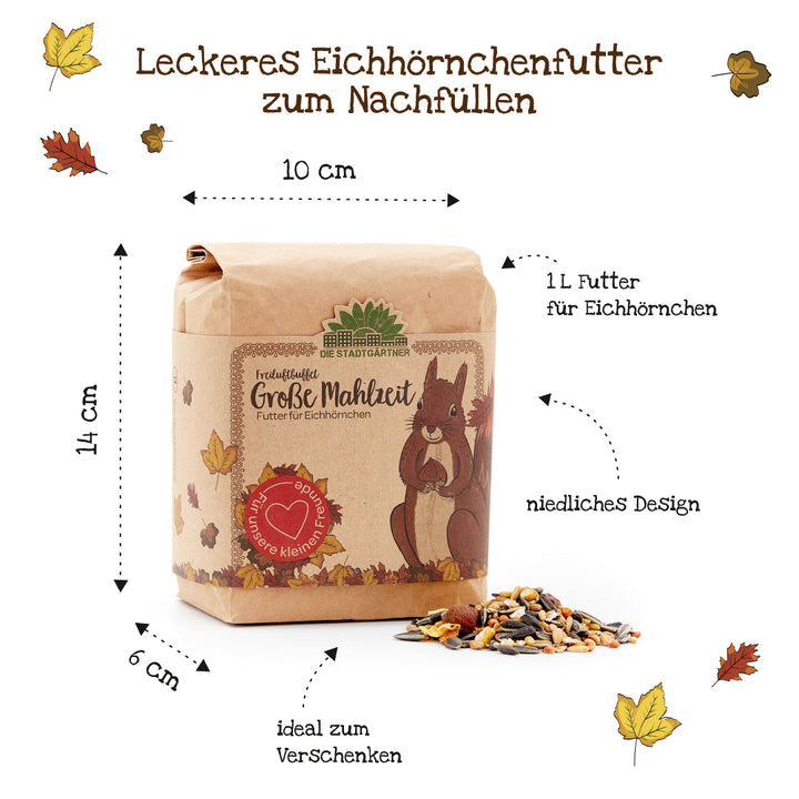 Bolsa de papel con comida para ardillas, ardilla ilustrada y hojas cayendo, dimensiones y características especiales resaltadas en alemán.