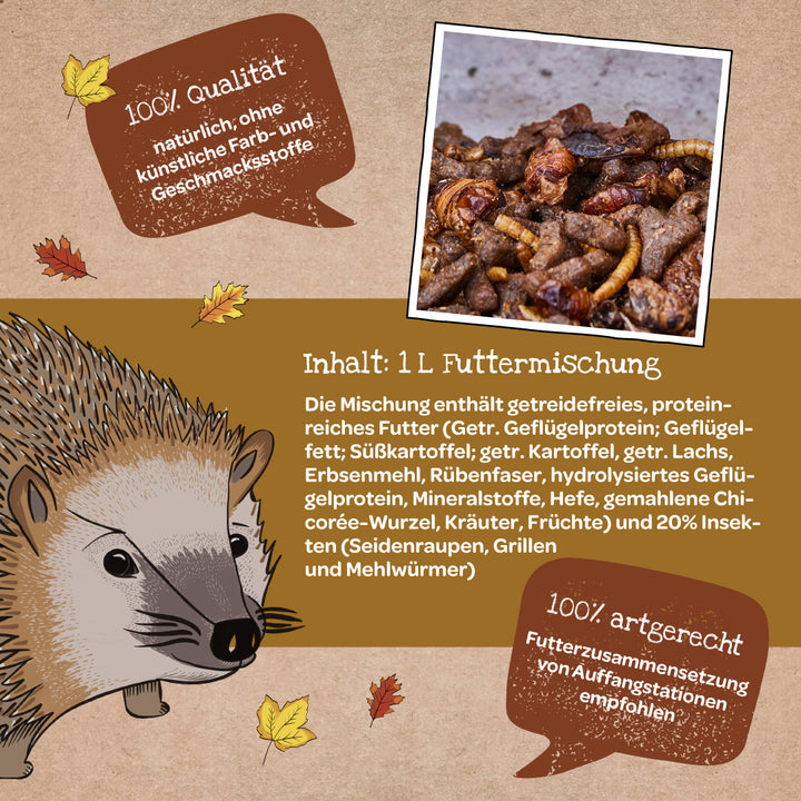 Ilustración de un erizo con hojas de otoño, junto a él un texto sobre la calidad, la composición apropiada para la especie y los ingredientes de una mezcla de alimento sin granos, así como una foto del alimento con insectos y pellets.