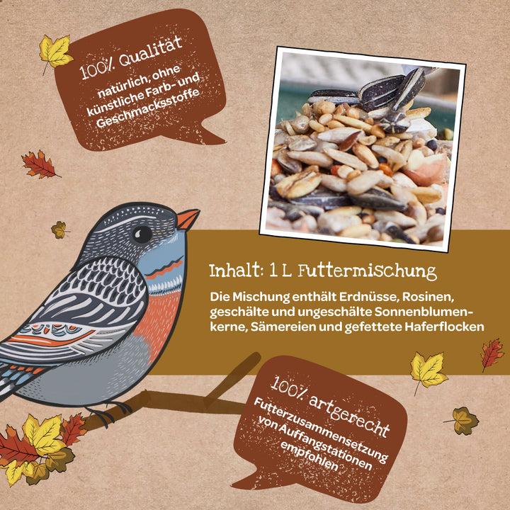 Ilustración de un pájaro con hojas de otoño, junto a una foto de comida mixta para pájaros y un texto informativo sobre la calidad y composición de la comida en alemán.