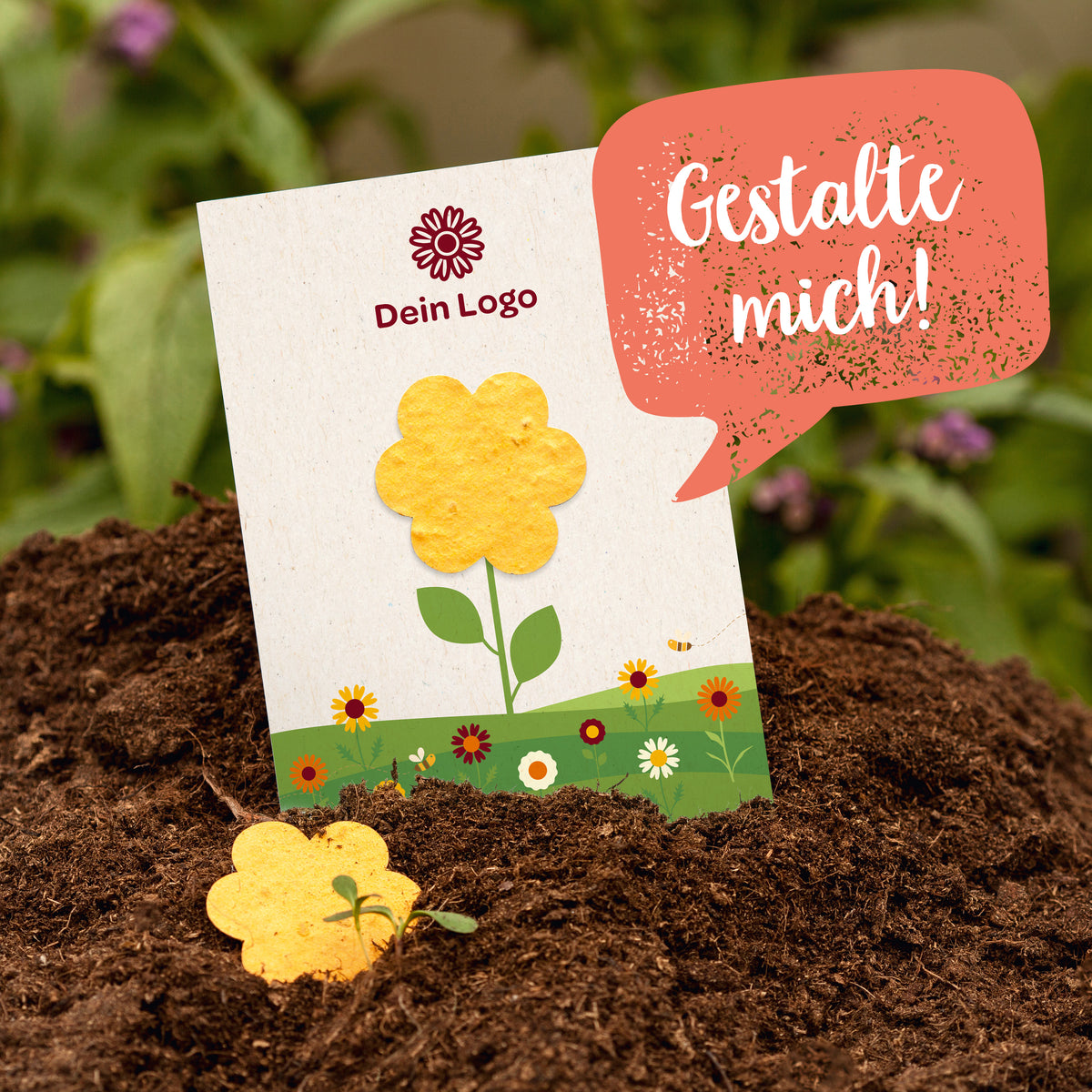 Tarjeta con flor amarilla en macizo de flores, bocadillo de diálogo con “¡Diséñame!”, espacio para logo.