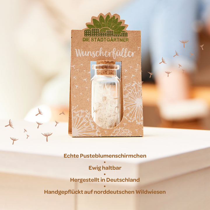 Botella de los deseos con sombrillas de diente de león en un frasco de vidrio, rodeada por un envoltorio de papel impreso con la inscripción 'The City Gardeners' y 'Wish Fulfiller', sobre una superficie blanca con un fondo borroso.