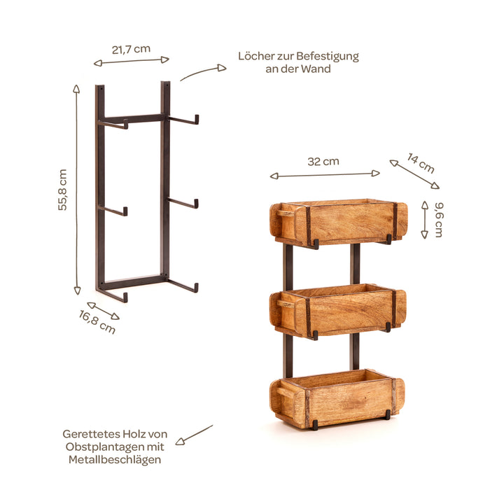 Estantería de pared fabricada en metal y madera recuperada con tres cajas de madera, dimensiones y detalles como fijación a la pared y material etiquetado en alemán.
