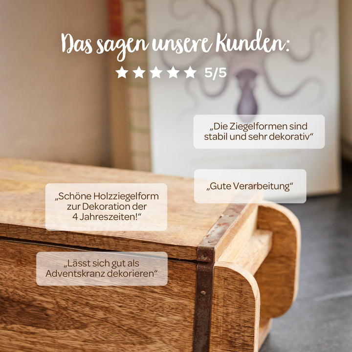 Molde de ladrillo de madera con opiniones de clientes, que incluyen afirmaciones como "resistente y muy decorativo", "bonito molde de ladrillo de madera para decoración", "buena mano de obra" y calificaciones de 5 estrellas.