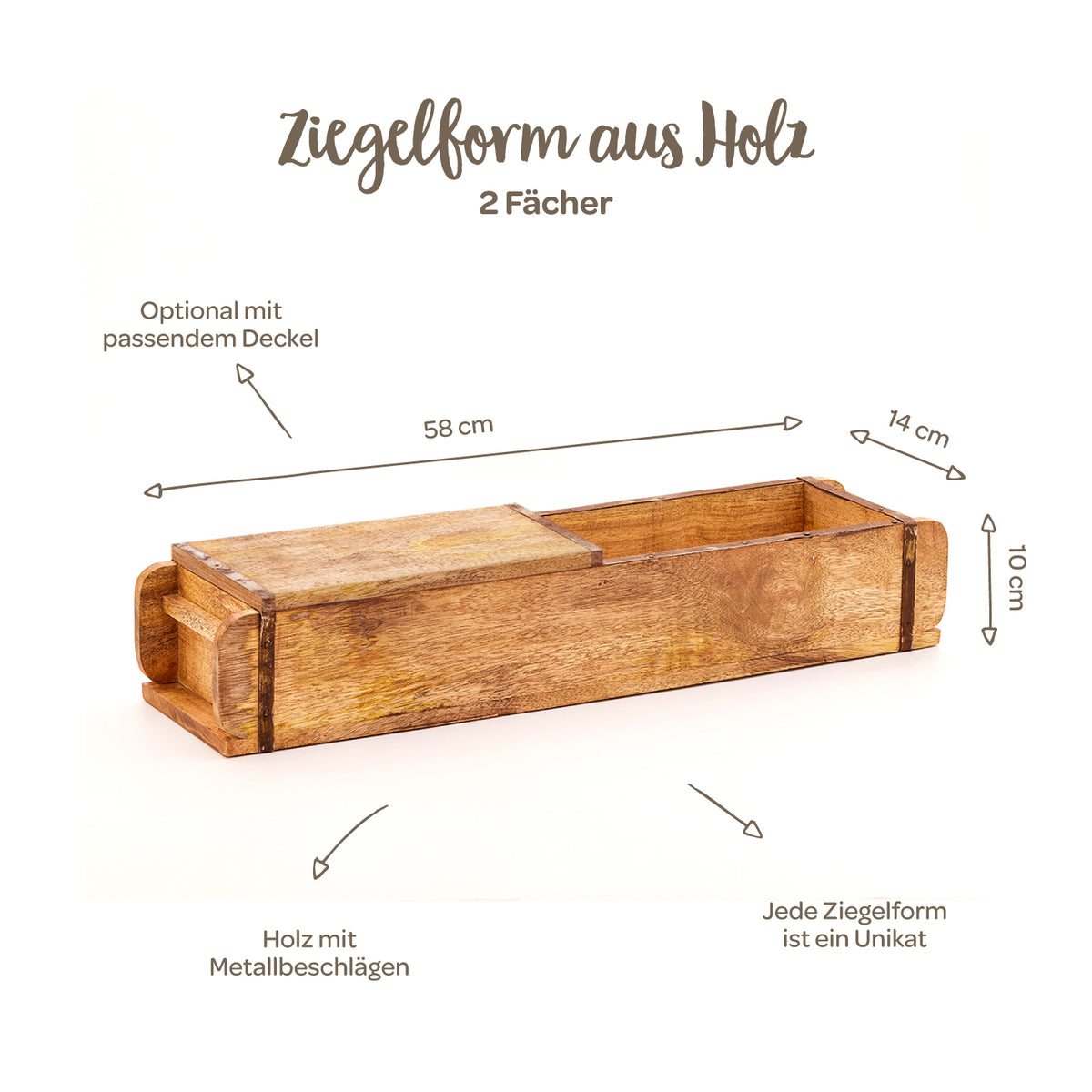 Molde de ladrillo de madera con dos compartimentos, herrajes metálicos y tapa a juego opcional, dimensiones 58 x 14 x 10 cm, cada pieza es única.