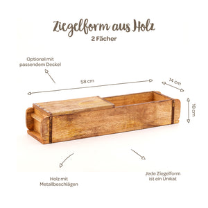 Molde de ladrillo de madera con dos compartimentos, herrajes metálicos y tapa a juego opcional, dimensiones 58 x 14 x 10 cm, cada pieza es única.