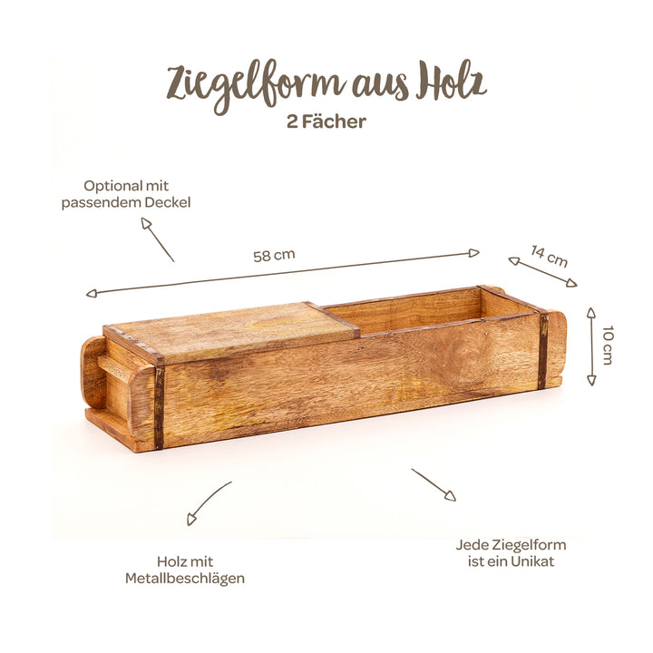 Molde de ladrillo de madera con dos compartimentos, herrajes metálicos y tapa a juego opcional, dimensiones 58 x 14 x 10 cm, cada pieza es única.