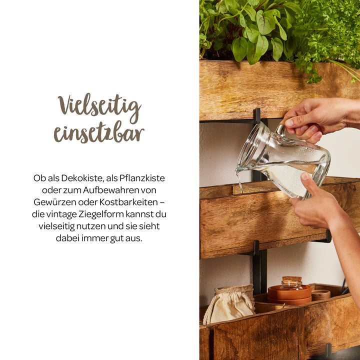 Manos regando plantas en una maceta de madera en una pared con una jarra de agua, junto a un texto sobre el uso versátil de la caja.