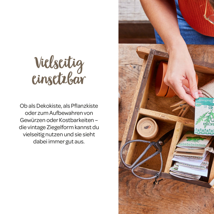 Una persona coloca paquetes de semillas en una caja rústica de madera con varios compartimentos, que contiene otras herramientas de jardinería. A la izquierda de la caja se lee "Versátil" con una descripción de sus posibles usos.