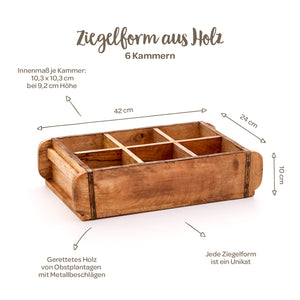Molde de ladrillo de madera con 6 cámaras, dimensiones 42 x 24 x 10 cm, fabricado con madera recuperada con herrajes metálicos, cada molde es único.