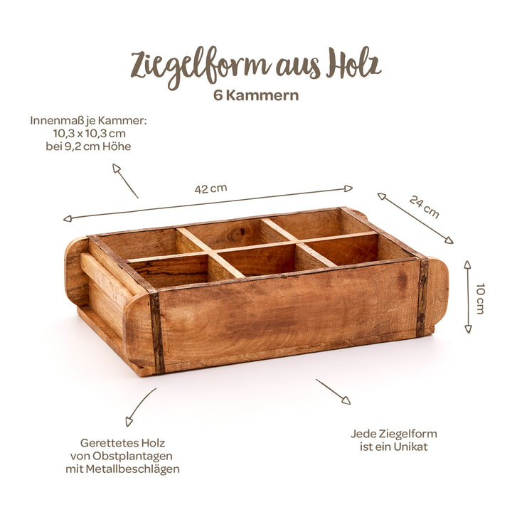 Molde de ladrillo de madera con 6 cámaras, dimensiones 42 x 24 x 10 cm, fabricado con madera recuperada con herrajes metálicos, cada molde es único.