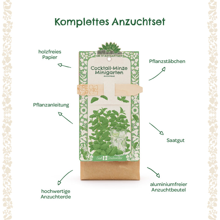 Kit completo de cultivo de menta cóctel con instrucciones, palitos para plantas, semillas, tierra para macetas de alta calidad y una bolsa de cultivo sin aluminio, en papel sin madera.