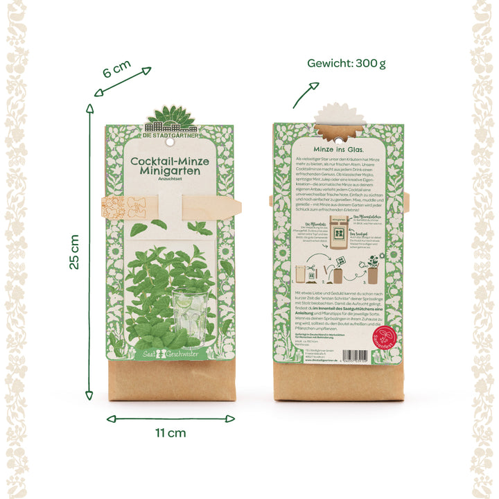 Dos paquetes verdes y blancos de un mini kit de cultivo de jardín de menta cóctel con ilustración de la planta, texto y dimensiones; frente a la izquierda, frente a la derecha.