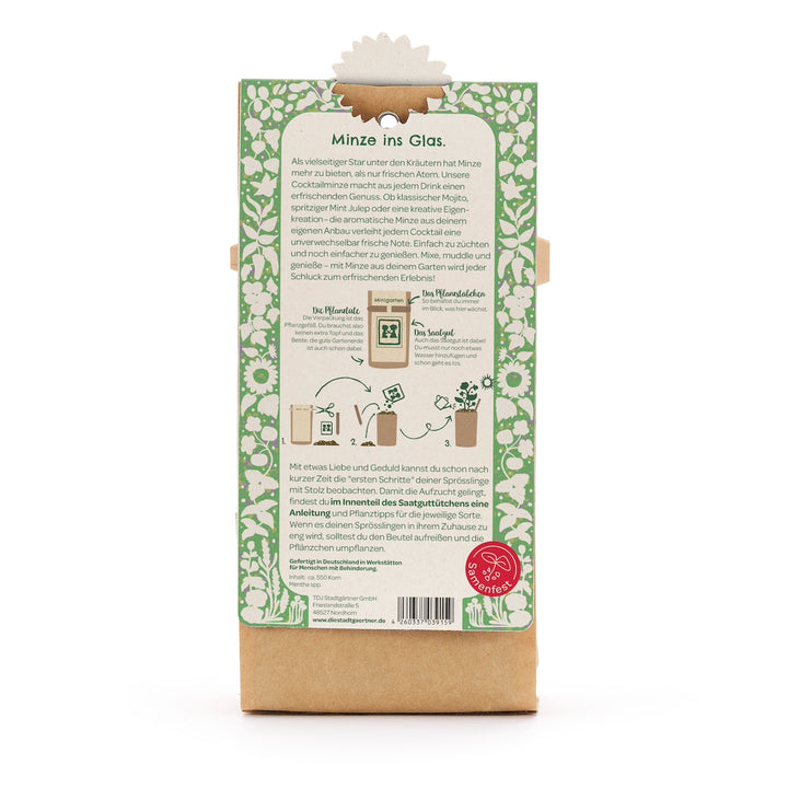 Parte posterior de un paquete con instrucciones para cultivar menta en un frasco de vidrio, rodeado de un patrón floral verde y blanco.