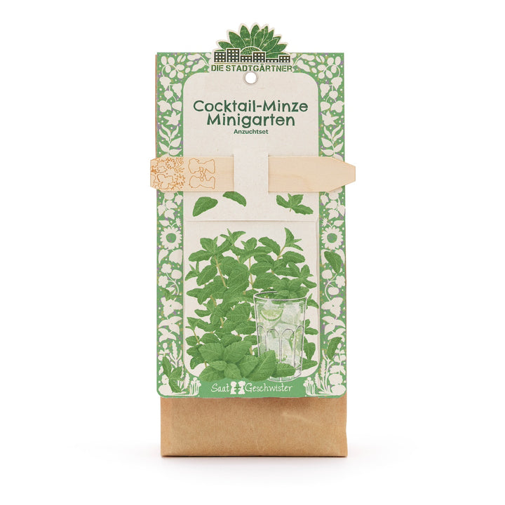 Kit de cultivo para mini huerto de menta cóctel en packaging verde con ilustración de hojas de menta y un vaso.