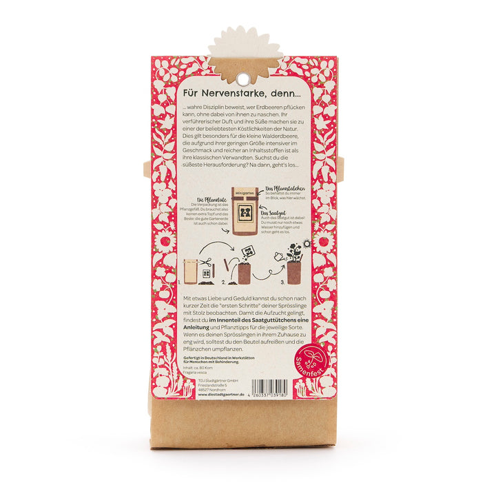 Parte posterior de un paquete con un patrón floral rojo, descripción en texto en alemán e instrucciones para plantar fresas.