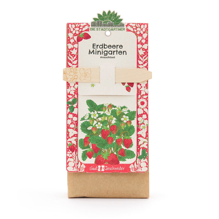 Kit de cultivo de mini huerto de fresas de Die Stadtgärtner con embalaje colorido y una imagen de una planta de fresa.