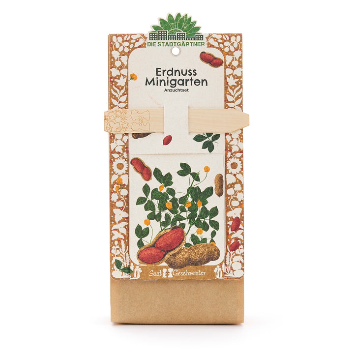Kit de cultivo de mini huerto de maní con embalaje decorativo e ilustración de una planta de maní.