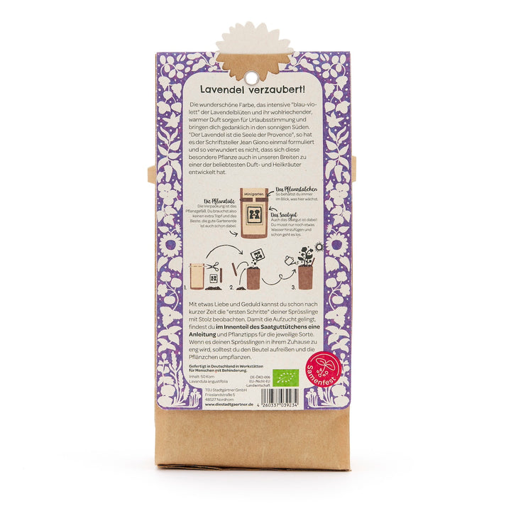 Reverso de un paquete con un estampado floral de color morado e instrucciones para plantar lavanda, incluidas descripciones e ilustraciones de cada paso.
