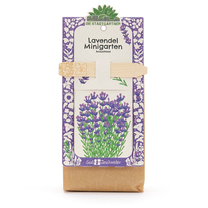 Kit de cultivo de mini jardín de lavanda con ilustración de lavanda morada y empaque decorativo.
