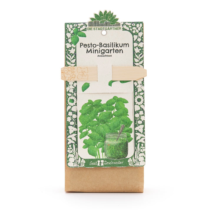 Kit de cultivo “Pesto-Basil Mini Garden” de Die Stadtgärtner, packaging con ilustración de albahaca y tarro de pesto.