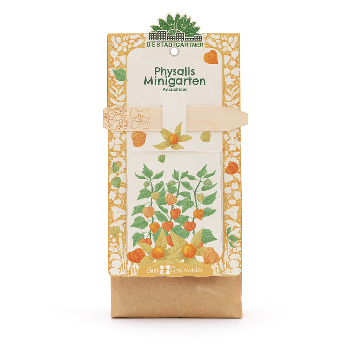Ilustración de un kit de cultivo de mini huerto de Physalis de Die Stadtgärtner con una planta de Physalis ilustrada en el embalaje.
