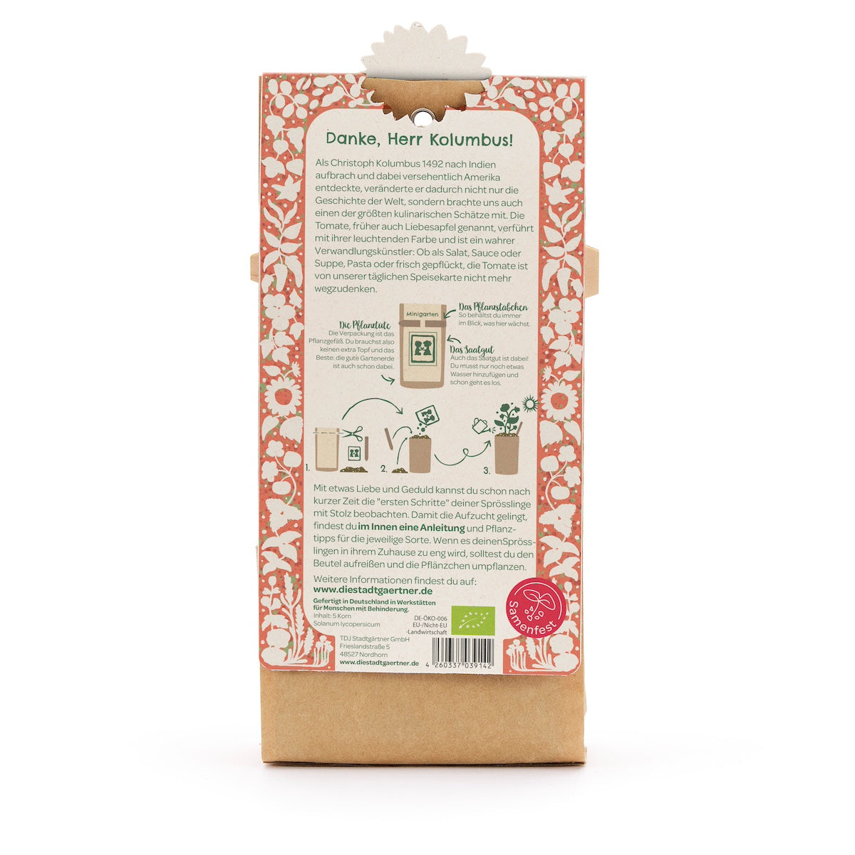Parte posterior de un paquete con instrucciones para plantar tomates, rodeado de un patrón floral rojo y un texto explicativo en alemán.