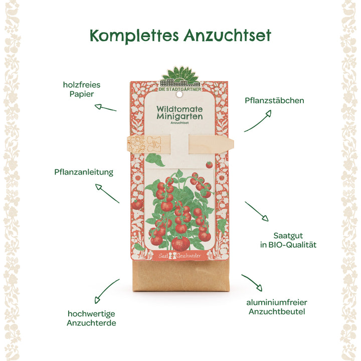 Ilustración de un kit de cultivo completo para tomates silvestres con instrucciones de plantación, palos de plantación, tierra para macetas de alta calidad, semillas orgánicas, papel sin madera y bolsa sin aluminio.