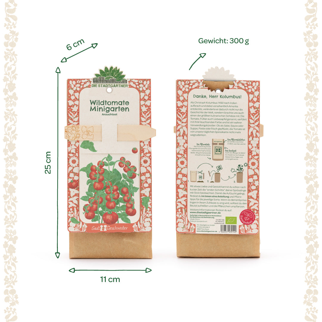 Dos paquetes de un mini kit de cultivo de jardín de tomates silvestres con un diseño rojo y blanco, una ilustración de plantas de tomate en el frente e información de texto en la parte posterior; se indican las dimensiones y el peso.
