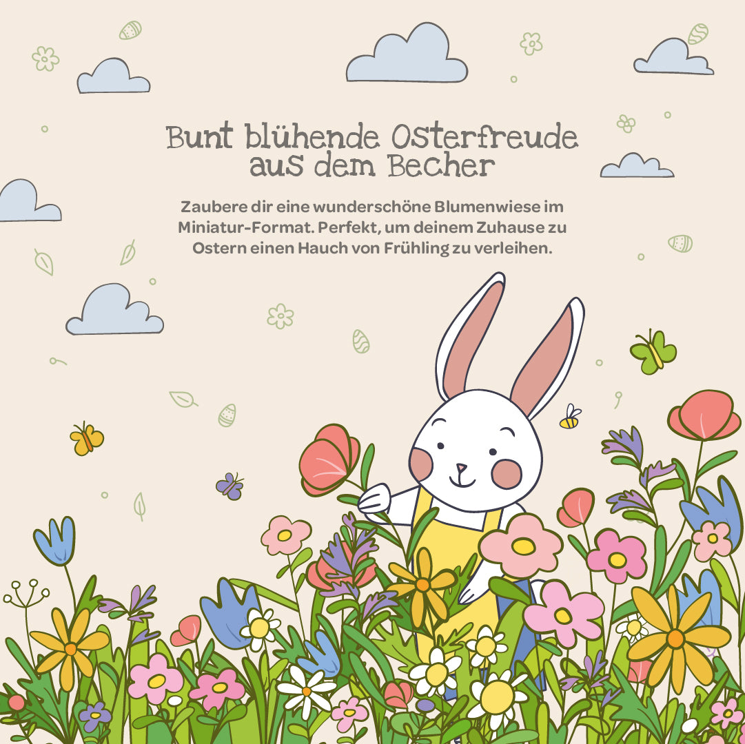 Ilustración de un conejo blanco en un prado colorido con flores primaverales, mariposas y nubes; en la parte superior hay un texto en alemán sobre la alegría de Pascua y la decoración floral.