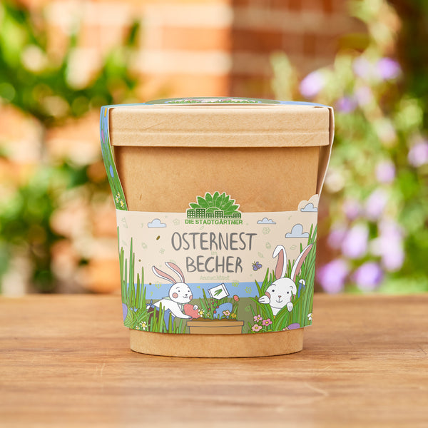 Vaso de papel con diseño de Pascua y la inscripción “Nido de Pascua en una taza” sobre una mesa de madera, con plantas borrosas en el fondo.