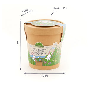 Vaso de papel con diseño de Pascua, inscripción "Easter Nest Cup", dimensiones 10 x 11 cm, peso 60 g, decorado con conejitos y prado primaveral.