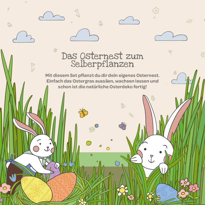 Ilustración con dos conejitos de Pascua blancos, huevos de Pascua, hierba alta, flores, mariposas y nubes; el texto explica un kit para plantar un nido de Pascua.