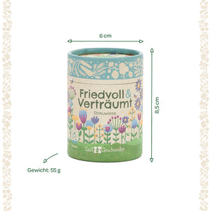 Lata redonda de Saatgeschwister "Peaceful & Dreamy" con ilustración de flores, dimensiones 6 cm de diámetro y 8,5 cm de alto, peso 55 g.
