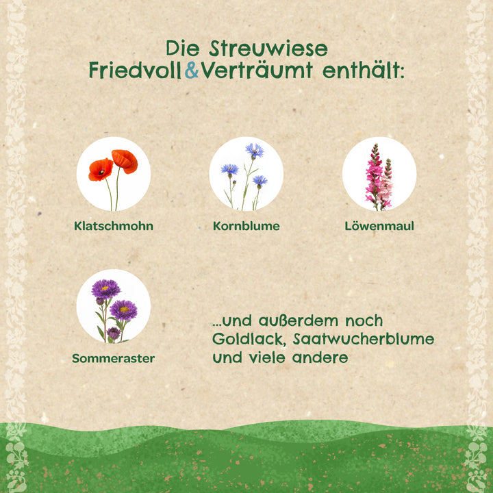 Descripción del contenido de una mezcla de flores en alemán con ilustraciones de amapolas, acianos, boca de dragón y ásteres de verano, así como texto sobre otras flores incluidas, como el alhelí y la caléndula común.