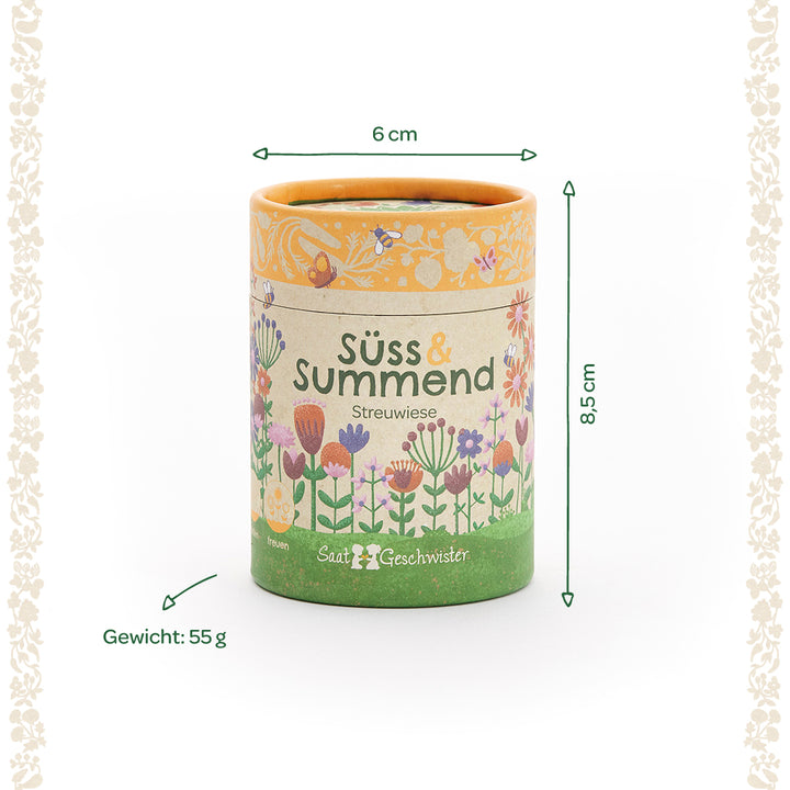 Lata redonda con motivo floral e inscripción “Sweet & Buzzing Meadow”, dimensiones 6 cm de diámetro, 8,5 cm de alto, peso 55 g.