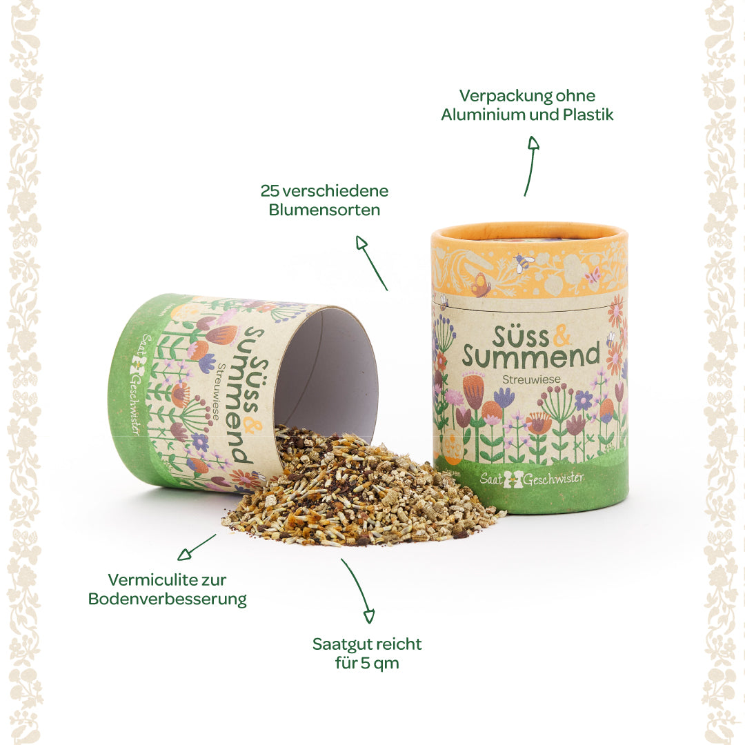 Dos latas coloridas etiquetadas como “Sweet & Buzzing Meadow”, una mezcla de semillas de flores cayendo, flechas que apuntan a 25 variedades de flores, empaque sin plástico y vermiculita para mejorar el suelo.