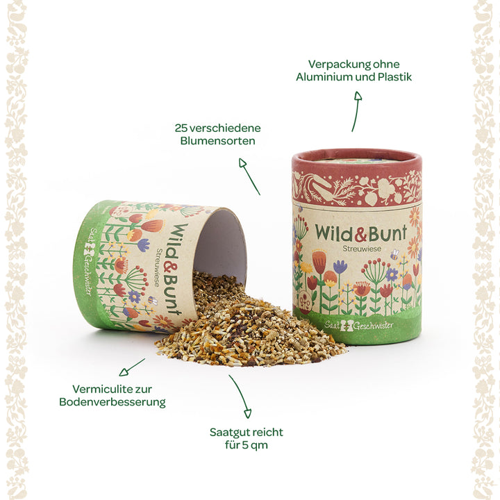 Dos cajas de cartón de colores con la etiqueta "Prado disperso salvaje y colorido", una abierta con una mezcla de semillas de flores, al lado información sobre envases sin plástico ni aluminio, 25 variedades de flores, vermiculita para mejorar el suelo y semillas para 5 metros cuadrados.