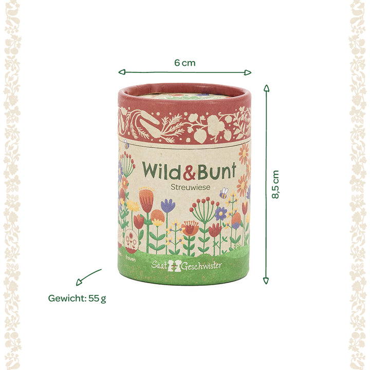 Lata redonda con la inscripción "Wild & Bunt Streuwiese", decorada con flores de colores, dimensiones 6 cm de diámetro y 8,5 cm de altura, peso 55 g.