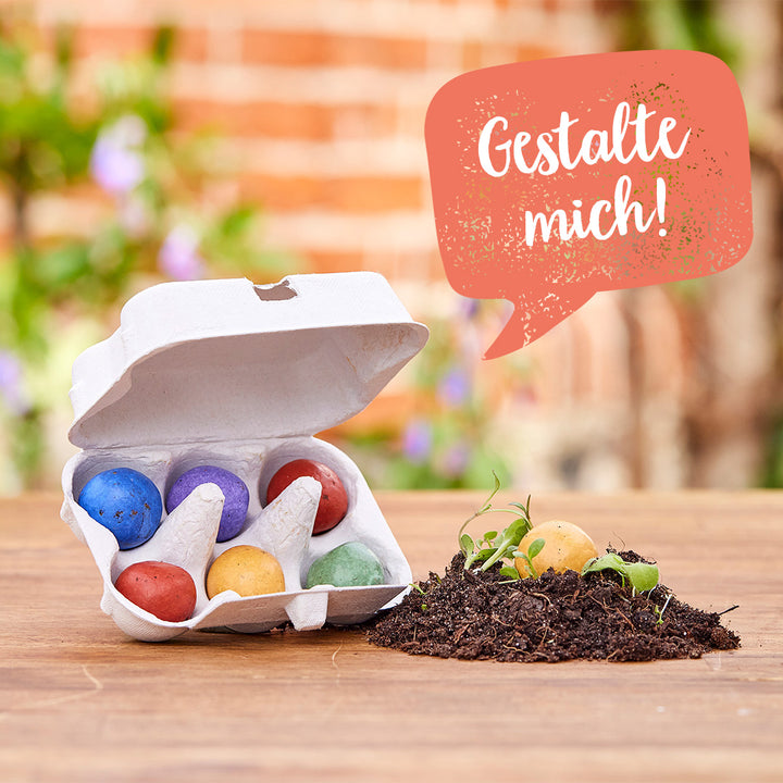 Un cartón de huevos abierto con bombas de semillas de colores y un montículo de tierra con plántulas sobre una mesa de madera; un bocadillo de diálogo con el texto "¡Diséñame!"