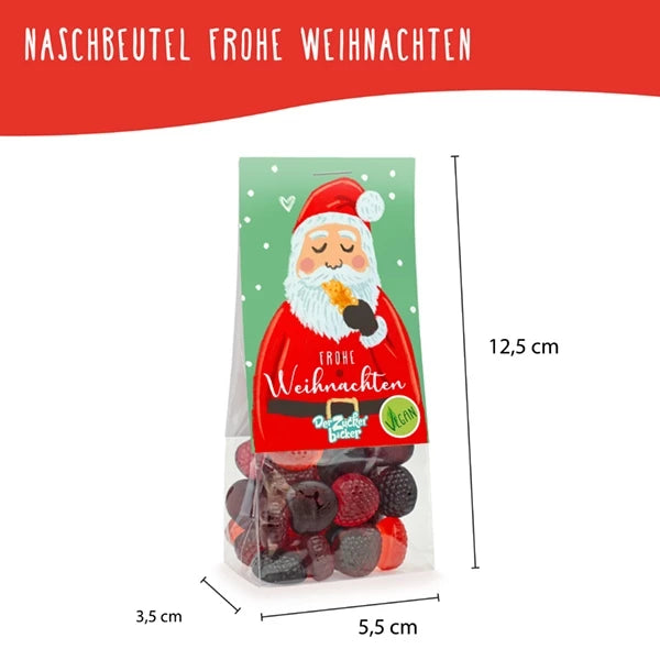Envase de dulces navideños con motivo de Papá Noel y dimensiones 12,5 cm x 5,5 cm x 3,5 cm.