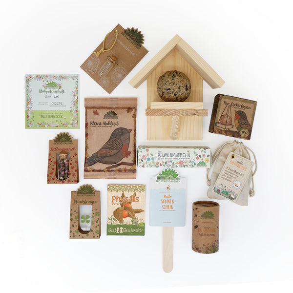 Diversos productos naturales y de jardinería ecológicos, incluidas semillas, accesorios para plantas, una pajarera con comida y pequeños artículos de regalo, dispuestos sobre un fondo blanco.