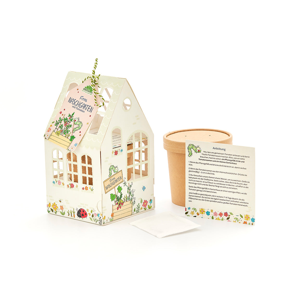 Set con un pequeño invernadero decorativo, una maceta, instrucciones y un paquete de semillas para cultivar tomates.