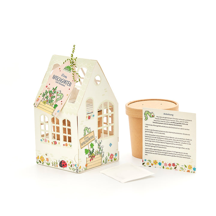 Set con un pequeño invernadero decorativo, una maceta, instrucciones y un paquete de semillas para cultivar tomates.
