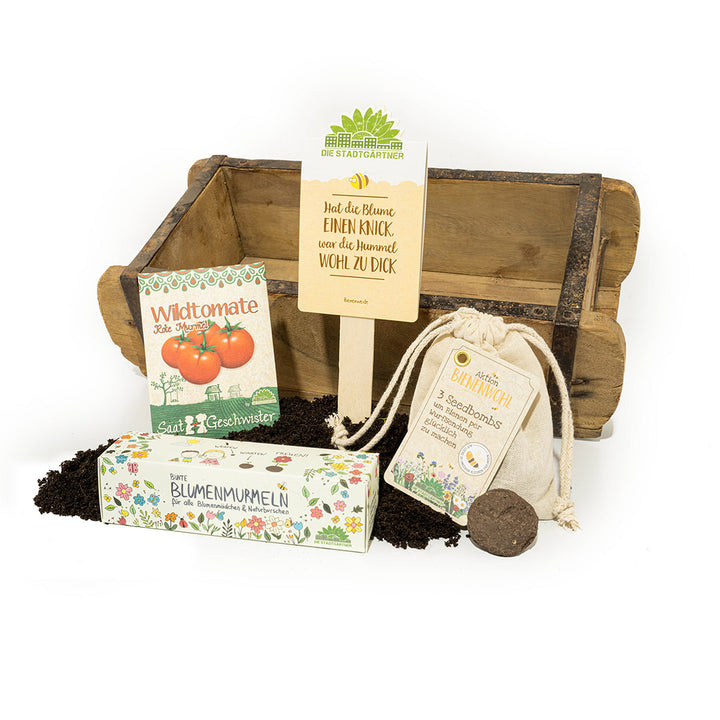 Kit de horticultura con caja de madera, bolsas de semillas, tierra y tabletas de semillas sobre fondo blanco.