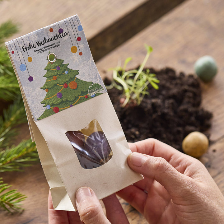 Persona sosteniendo una bolsa de regalo con motivo navideño y la inscripción "Feliz Navidad", tierra y plántula al fondo.