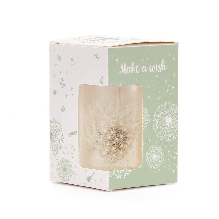 Caja de regalo con un diente de león y la inscripción "Pide un deseo".