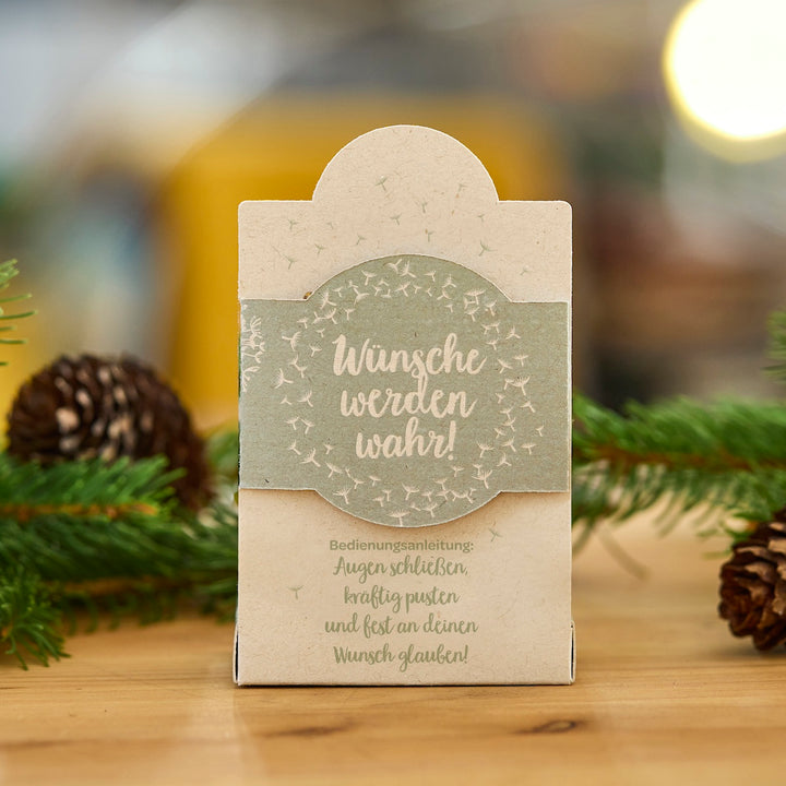 Pequeña caja de regalo con la inscripción "¡Los deseos se hacen realidad!", decorada con un estampado de diente de león, con ramas de abeto y piñas de fondo.